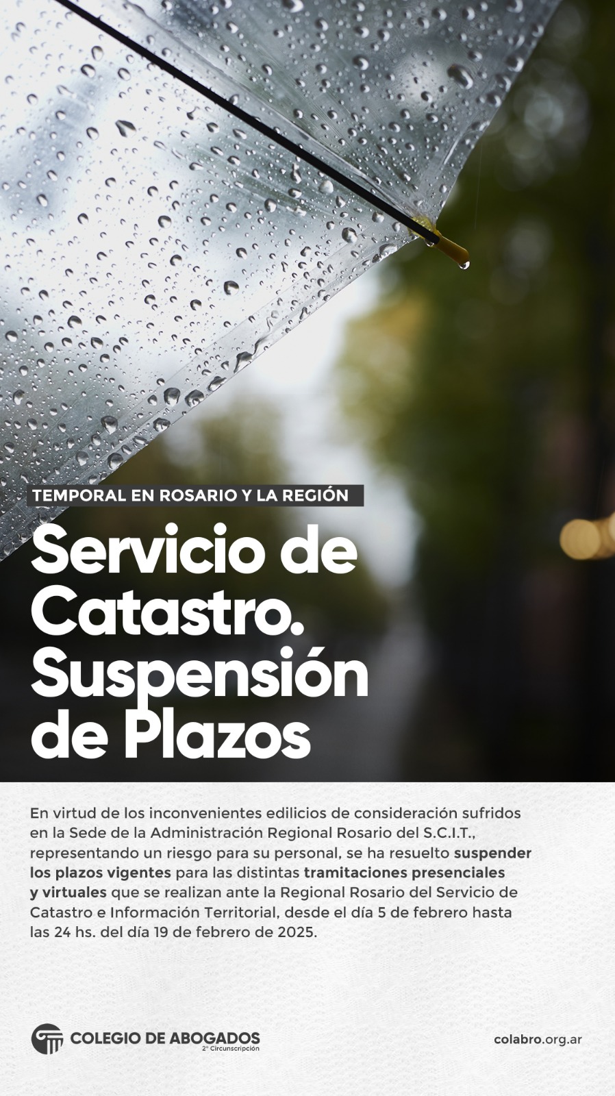 Temporal en Rosario y la Región. Servicio de Catastro – Suspensión de Plazos